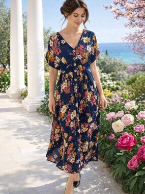 Floral Midi Dress Boho Button Front Smocked Waist Rayon Summer Spring Dress sz M